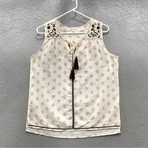 Solitaire Bohemian Preppy Embroidered Sleeveless Top Keyhole Tasseled Size S